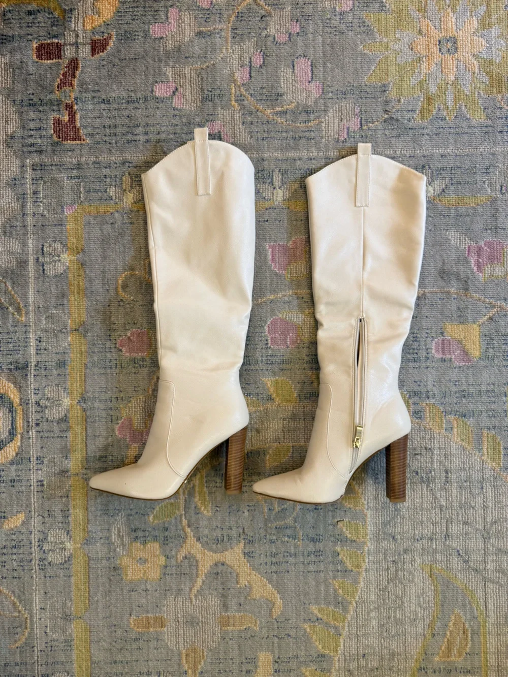 Kailani Cream Off White Leather Knee-High Stacked Heel Boots with Pointed Toe